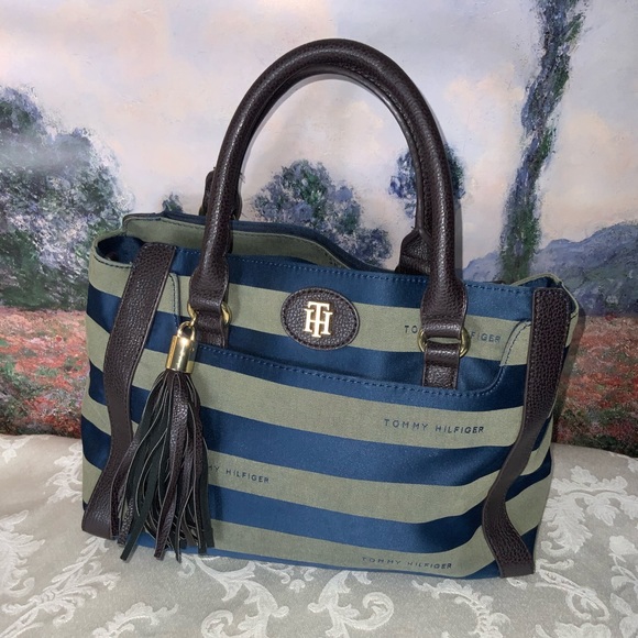Tommy Hilfiger Handbags - Tommy Hilfiger Blue & Gray Striped Canvas & Brown Leather Satchel Purse Like New
